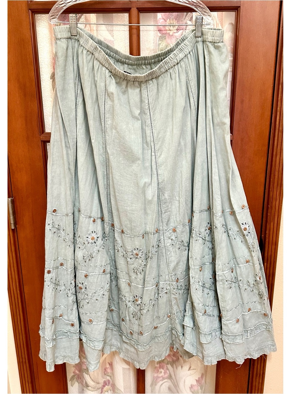 Soft Surroundings Light Sage Embroidered Maxi Skirt